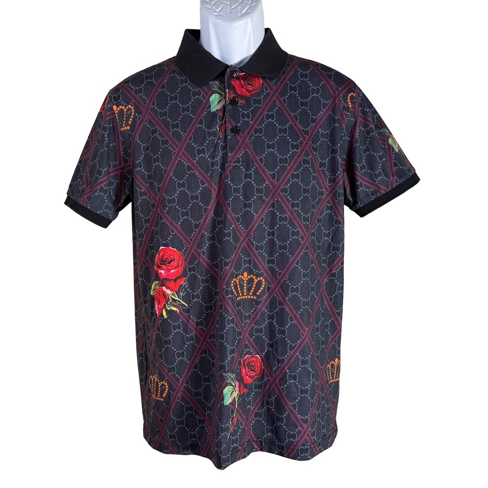 Pavini Polo Shirt‎ Mens Medium Black Rose Crown Diamond Graphic Print